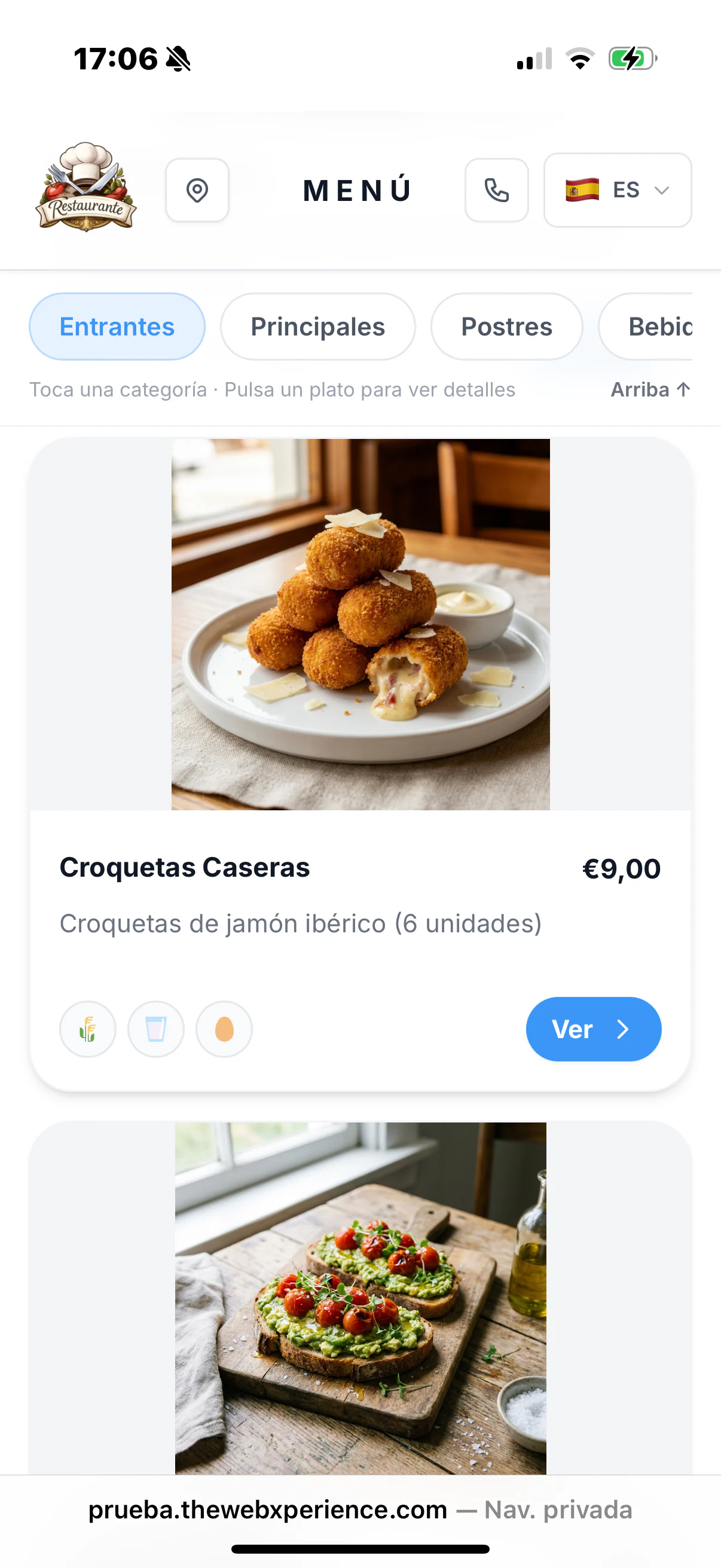 Carta digital con QR de un restaurante creada con TheWebXperience: fotos, precios y categorías