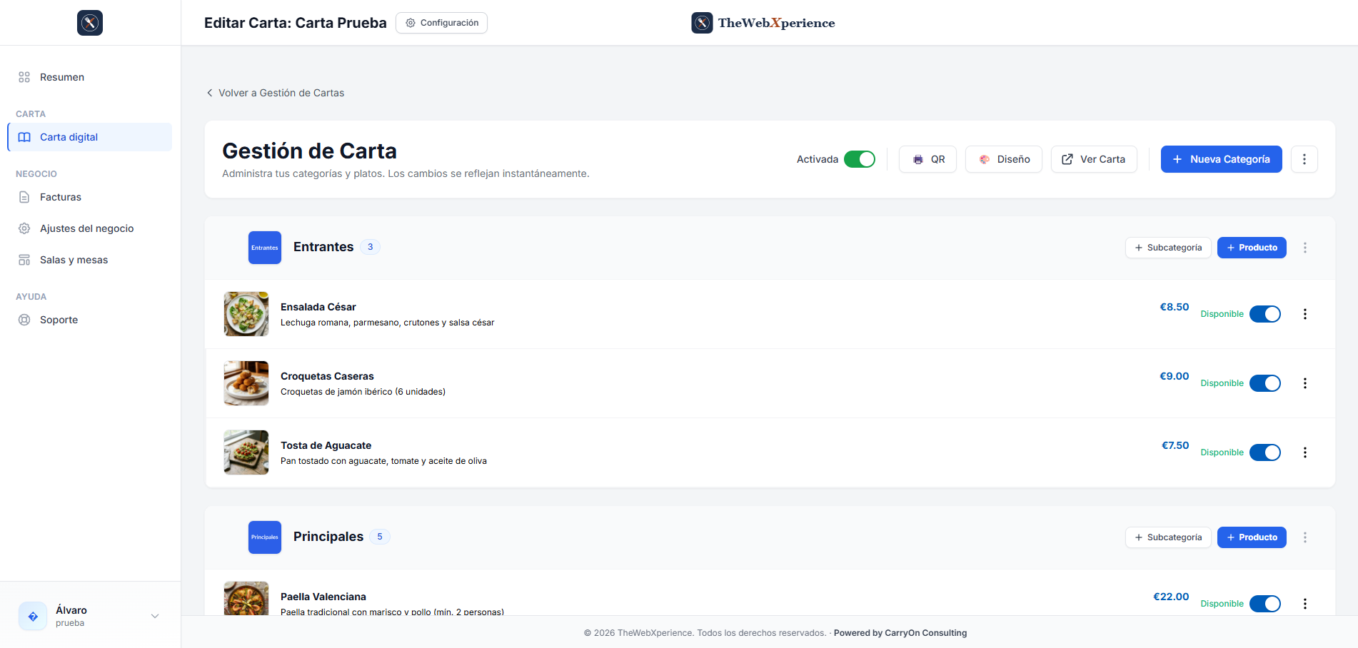 Panel de edición de la carta digital en TheWebXperience con productos, precios y categorías