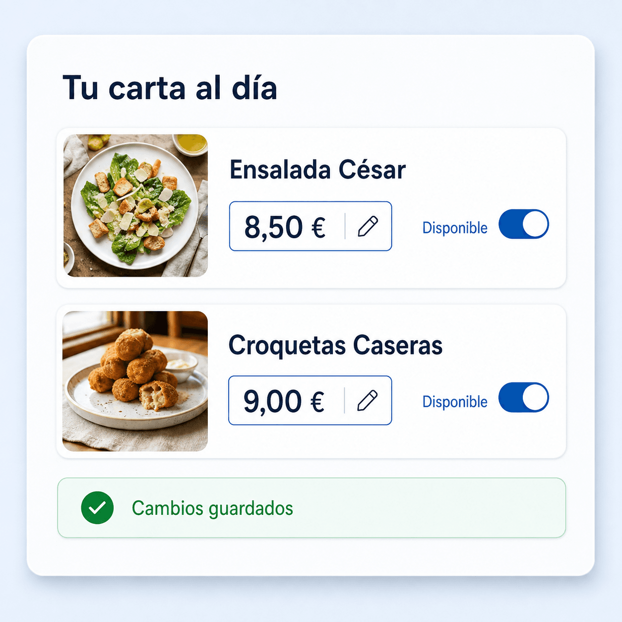 Ilustración de la edición de precios y disponibilidad de ensalada César y croquetas, con confirmación de cambios guardados