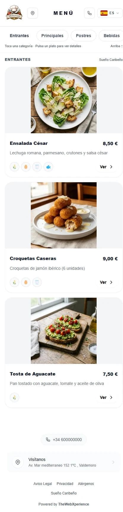 Carta de Sueño Caribeño con ensalada César, croquetas caseras y tosta de aguacate, sus fotografías, descripciones y precios