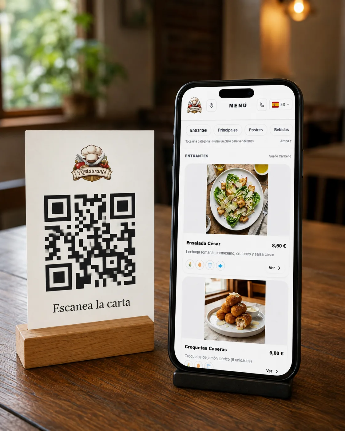 Una carta digital abierta en el móvil junto al código QR de un restaurante